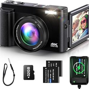 4K Digital Camera for Photography Auto-Focus Vlogging Camera for YouTube Video with 3'' 180° Flip Screen 16X Anti-Shake 4K Camera Compact Cameras with SD Card, Flash, 2 Batteries & Battery Charger